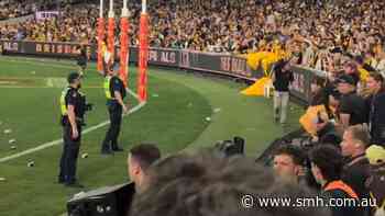 Crowd footage of umpires being pelted