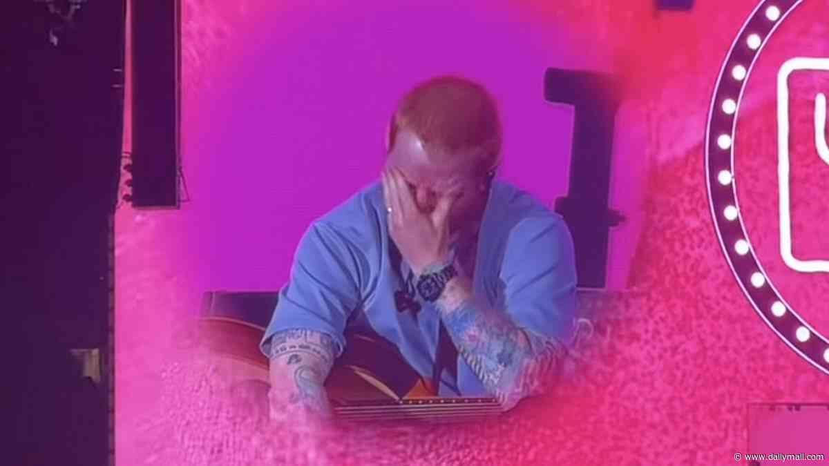 Ed Sheeran tears up on stage at Philadelphia show as he is pushed into addressing his politics after Macklemore was dropped from his tour over 'Free Palestine' remarks