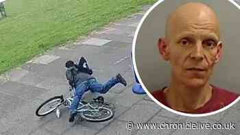 Watch the moment bungling North East criminal falls off getaway bike after knife-point robbery