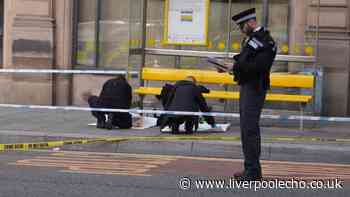 Trainer left at Liverpool city centre bus stop yards from stabbing as police hunt for knifeman