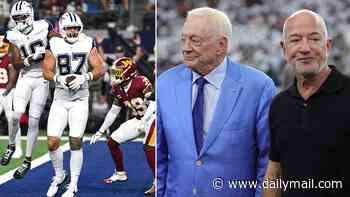 Jeff Bezos and wife Lauren Sanchez cozy up to Jerry Jones at Cowboys game as Dallas fans plead with him to buy the team