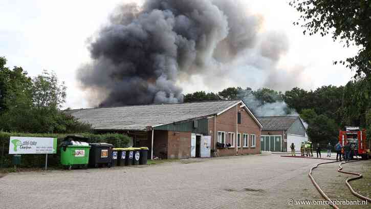 Grote brand bij paddenstoelenkwekerij in Overloon, rook trekt over A73