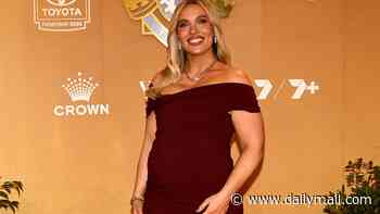Glowing Channel Seven sports reporter Abbey Holmes shows off her growing baby bump in an off-the-shoulder gown at the 2026 Brownlow Medal Count
