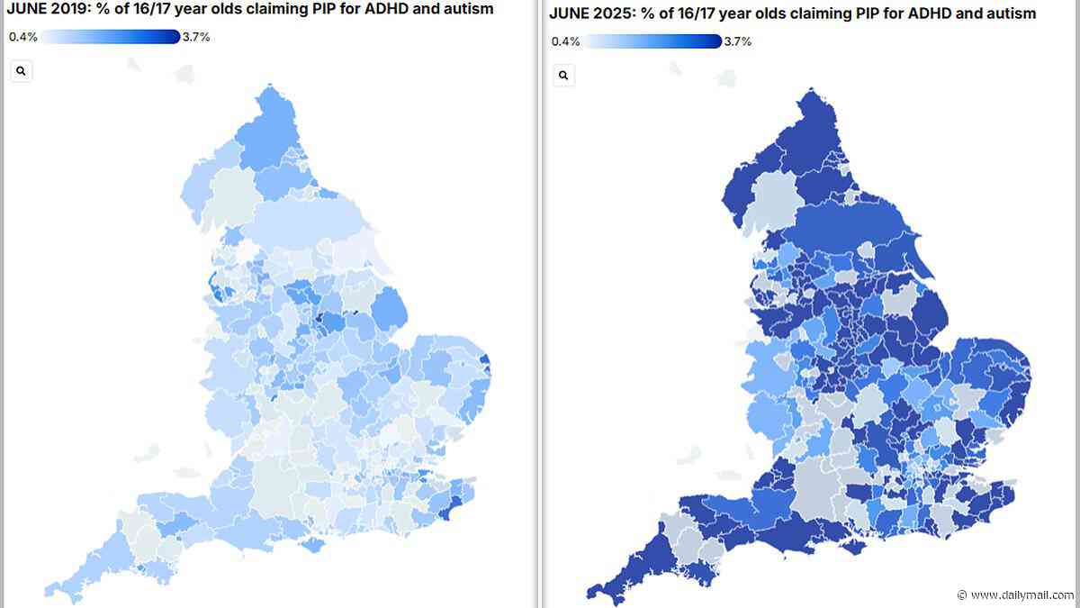 ADHD map of England reveals regions where benefit claims for 'over-diagnosed' condition are soaring - as study shows wealthy areas are seeing fastest rise
