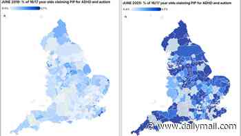 ADHD map of England reveals regions where benefit claims for 'over-diagnosed' condition are soaring - as study shows wealthy areas are seeing fastest rise