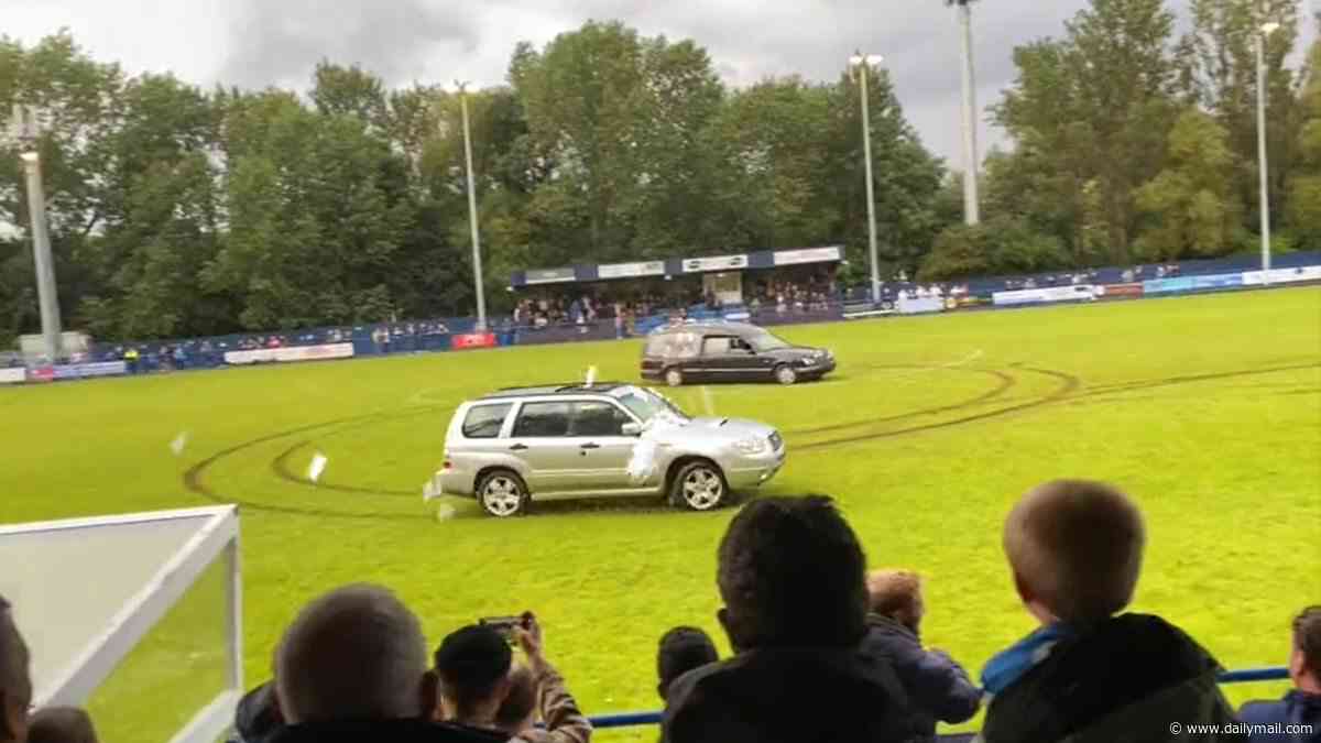 Five men charged over driving a HEARSE onto football pitch - after stunt caused non-league match to be abandoned