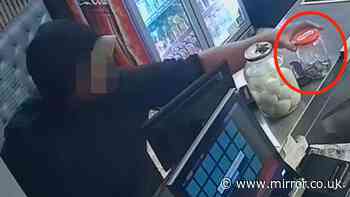 Brazen moment shameless thief swipes tip jar at fish and chip shop and runs off