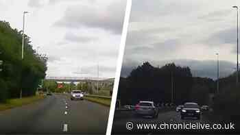 Moment North East driver fleeing cops put lives at risk driving down dual carriageway wrong way