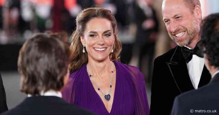 Princess Kate stuns in purple and Diana earrings as Tom Cruise helps her down stairs at Digger premiere