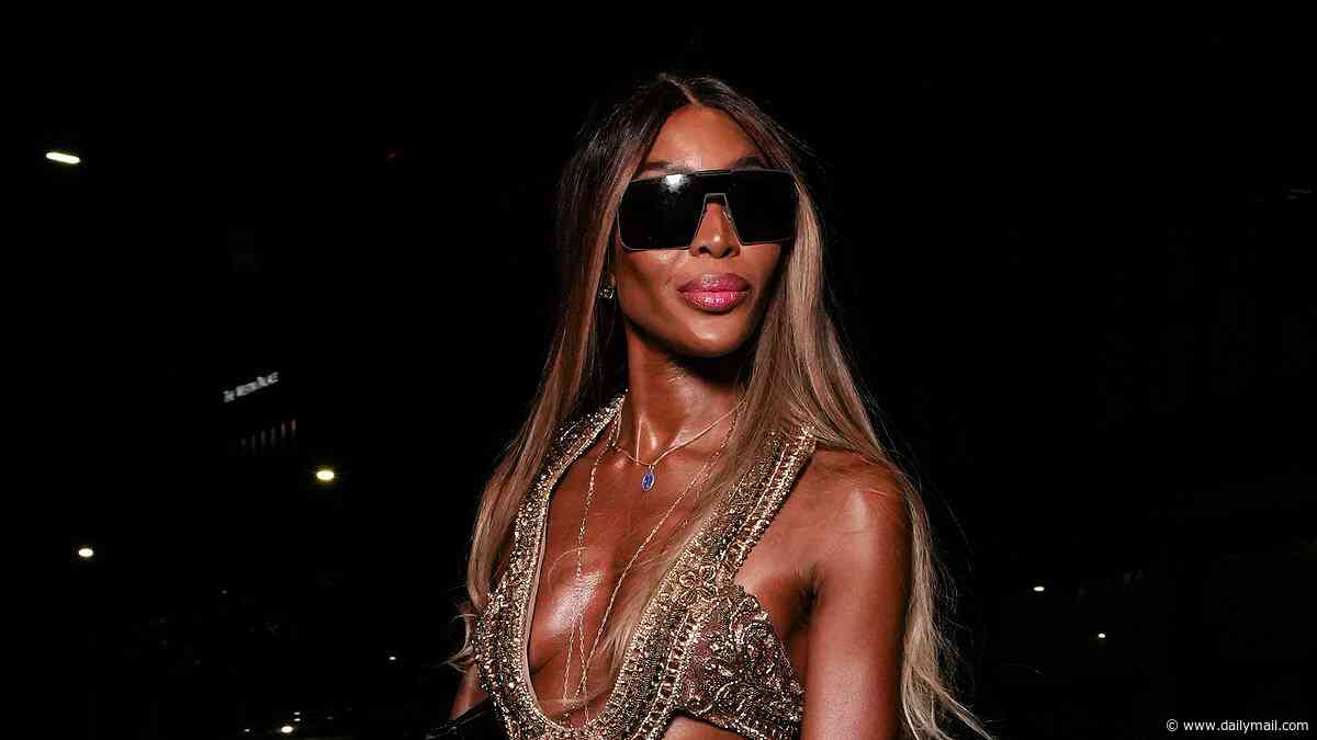 Naomi Campbell stuns in a metallic plunging gown as she hits Twiga nightclub in Milan amid reports she's relocated from London to Italy