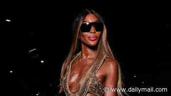 Naomi Campbell stuns in a metallic plunging gown as she hits Twiga nightclub in Milan amid reports she's relocated from London to Italy