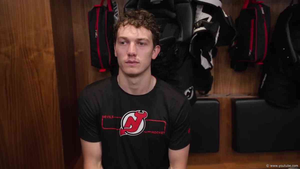 Luke Hughes, Cody Glass and Sheldon Keefe speak after Devils practice