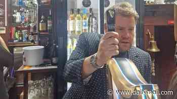 James Corden gets behind the bar to pull pints as he celebrates Gavin & Stacey co-star Ruth Jones's 60th birthday at a Welsh village social club