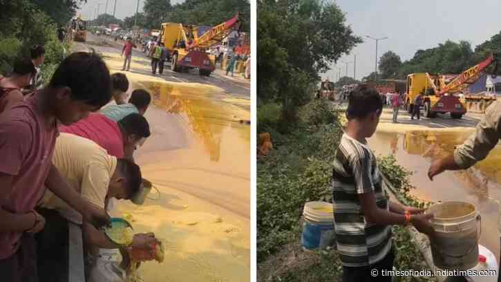 Ghee tanker overturns In UP's Moradabad: Locals rush with buckets; video viral