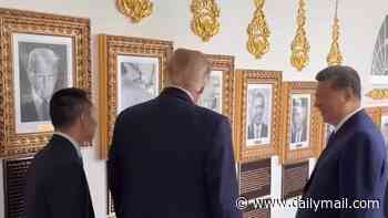 Moment China's President Xi bursts into laughter as Trump shows him mocking 'autopen' portrait of Biden