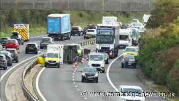 Overturned caravan causing 45-minute delays on M11