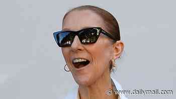 Celine Dion looks fashion forward in a white feathered skirt and blouse as she leaves hotel in Paris ahead of gig