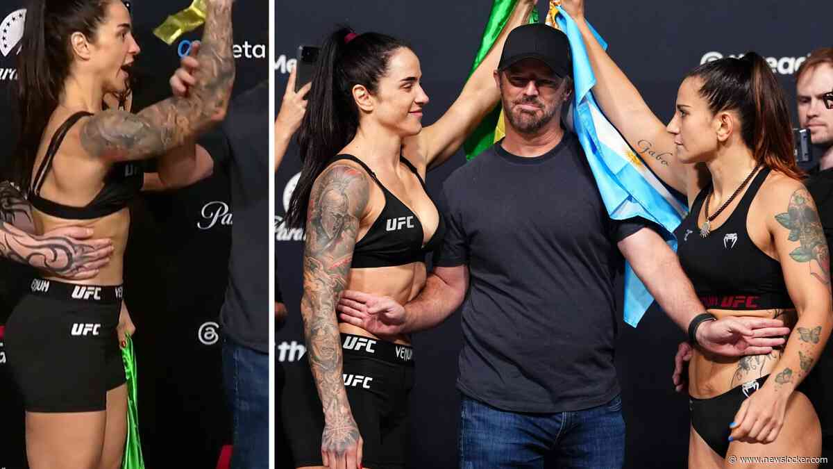 Plotseling werd er met condooms en geld gesmeten in ’de oorlog van de billen’: face-off tussen UFC-vechtsters levert gekke beelden op