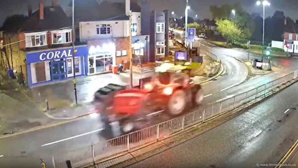 Footage shows tractor being stolen and driven nine miles before smashing into North East house