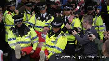 People cheer as they are arrested outside Labour Party conference in Liverpool