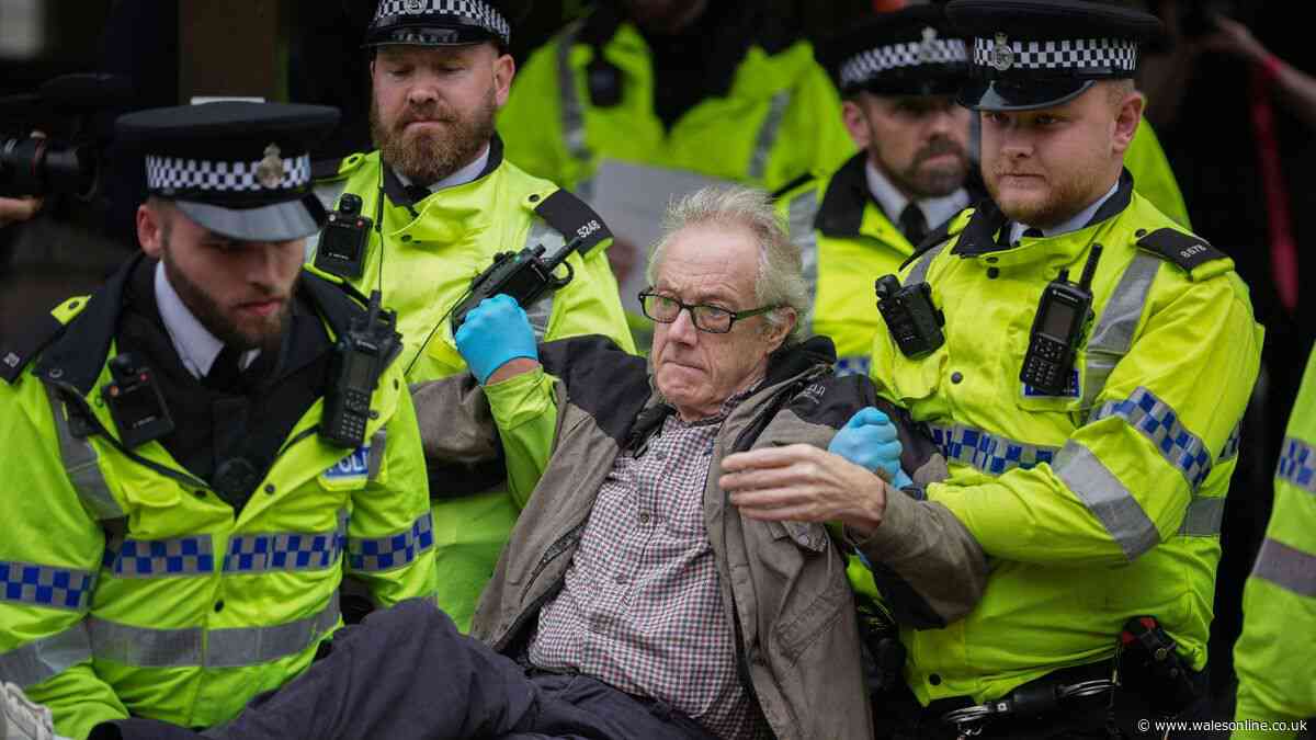 Palestine Action protesters cheer as they are arrested outside Labour party conference