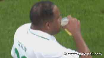 Now THAT'S a hydration break! Legends match is stopped so players can drink BEER and a shot in hilarious scenes