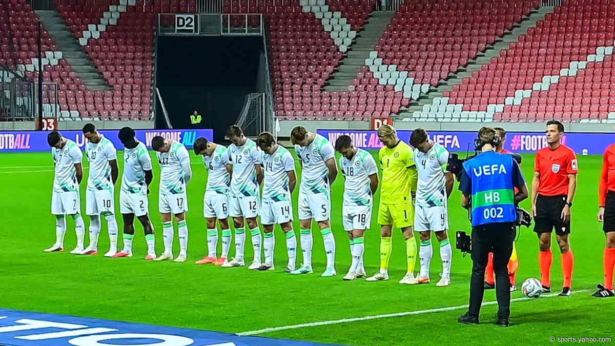 Ireland players make protest against Israel by lowering heads during national anthem