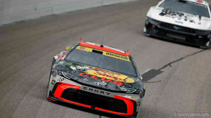 Kyle Larson passes Chase Briscoe with 7 laps left to win for the fourth time at Kansas Speedway