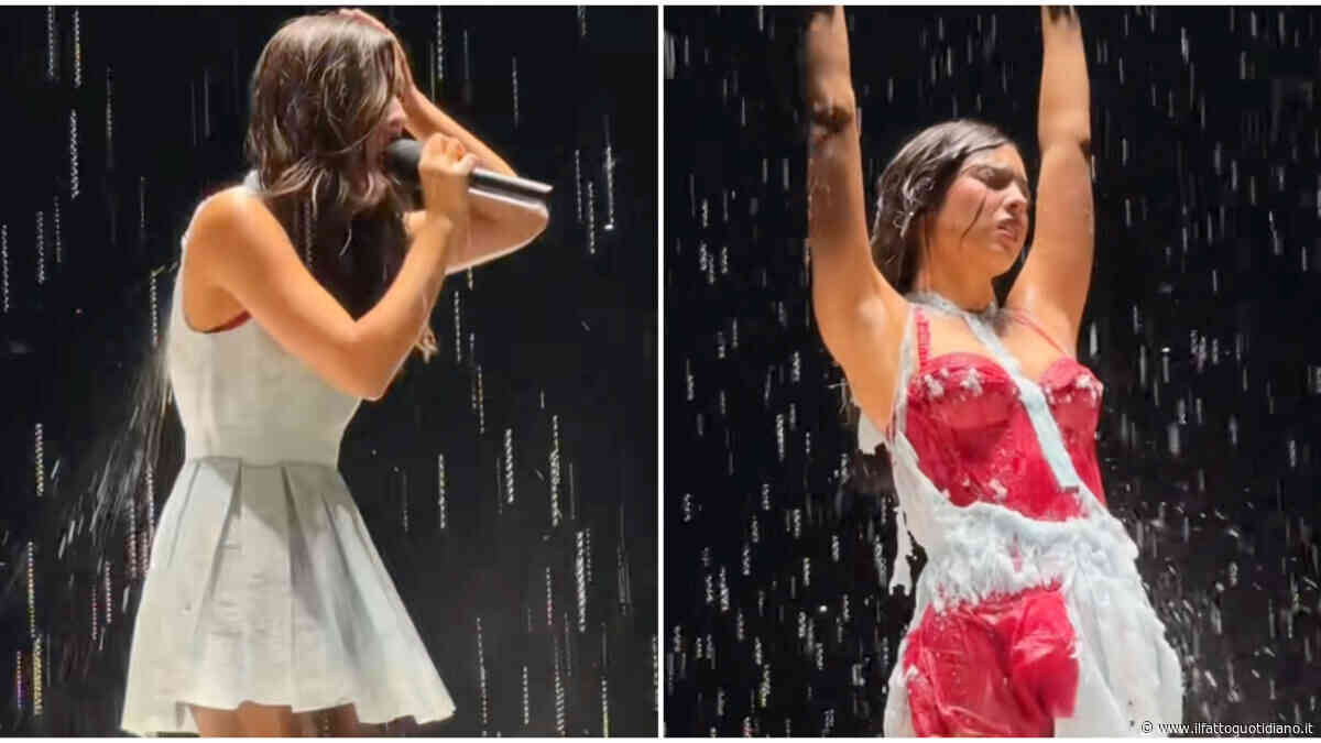 Il vestito di Olivia Rodrigo si dissolve in scena sotto la pioggia: il colpo di scena sul palco – VIDEO