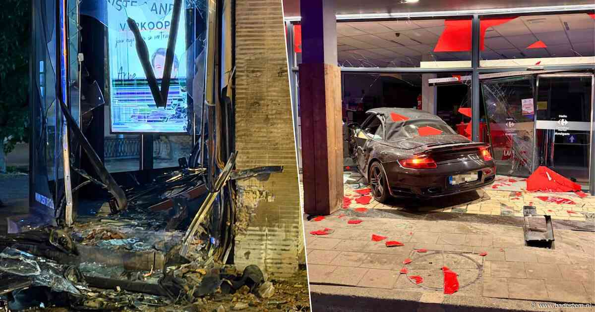 Porsche knalt Belgische supermarkt binnen: man vlucht en laat vrouw die hij net leerde kennen gewond achter