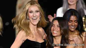 Celine Dion has the time of her life as she throws her arms around Eva Longoria and dances alongside runway stardom after surprise finale performance at the L'Oreal catwalk during Paris Fashion Week