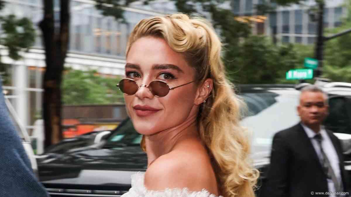 Florence Pugh turns heads in a lace-trim Chloé mini-dress and micro shades as she steps out in New York