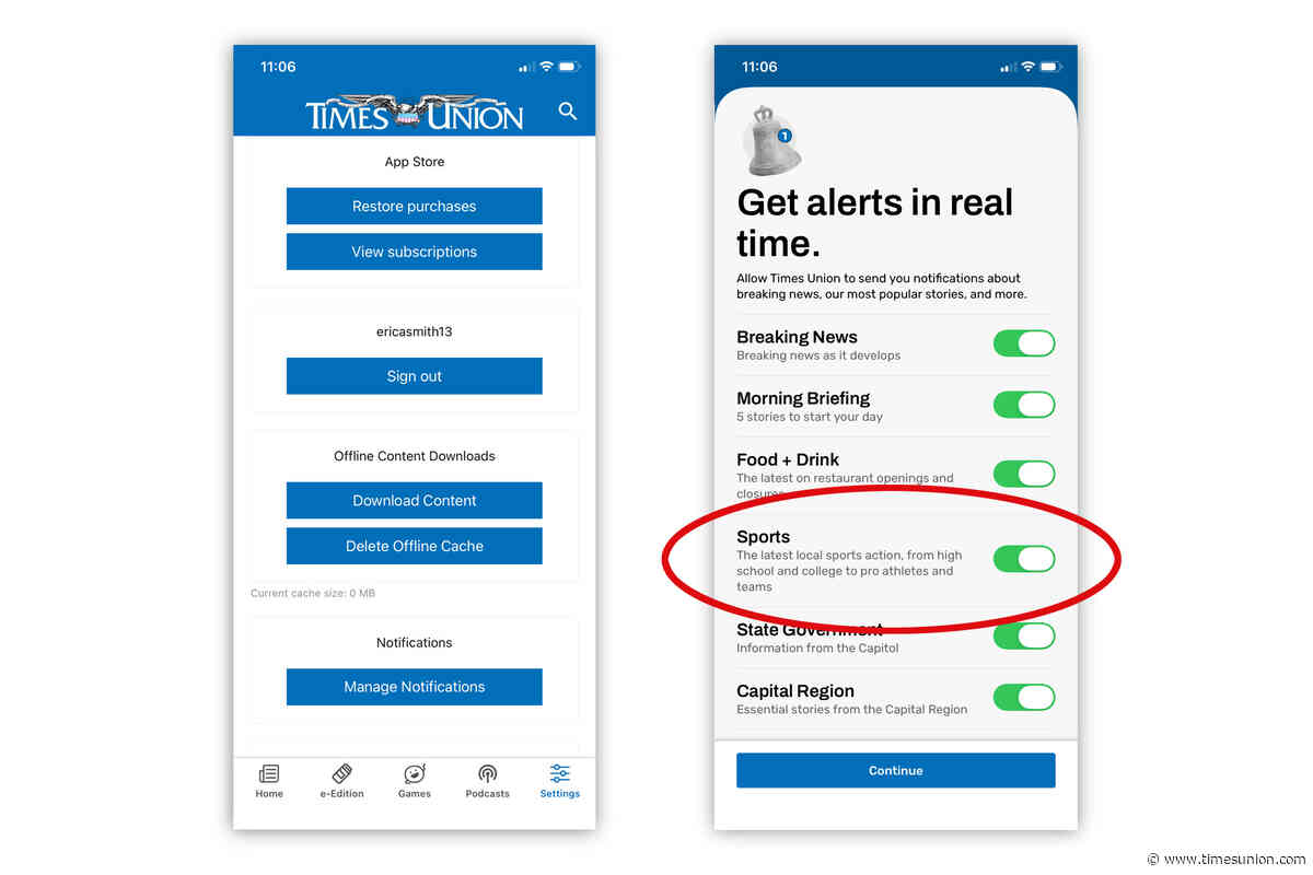 Sign up for Sports alerts in the Times Union app