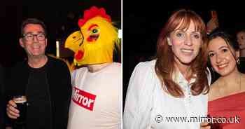 Grinning Andy Burnham and Angela Rayner celebrate at Mirror Party after PM's speech