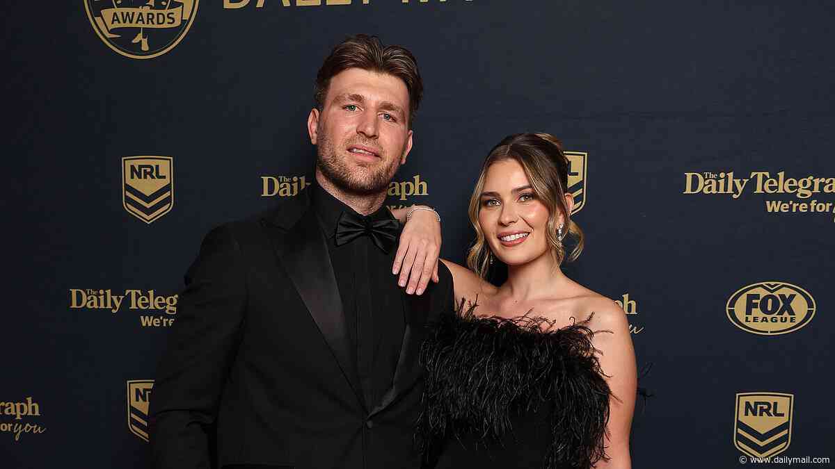 South Sydney Rabbitohs star Jai Arrow looks dashing in a black tuxedo alongside his wife Berina Colakovic who stuns in strapless feathered gown at the Dally M Awards