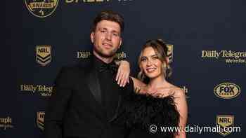 South Sydney Rabbitohs star Jai Arrow looks dashing in a black tuxedo alongside his wife Berina Colakovic who stuns in strapless feathered gown at the Dally M Awards