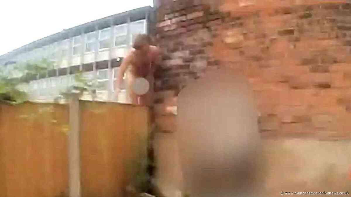 'There's a big drop. Please love!': Naked Wigan criminal pleads with police as he's caught red-handed on fence in raid