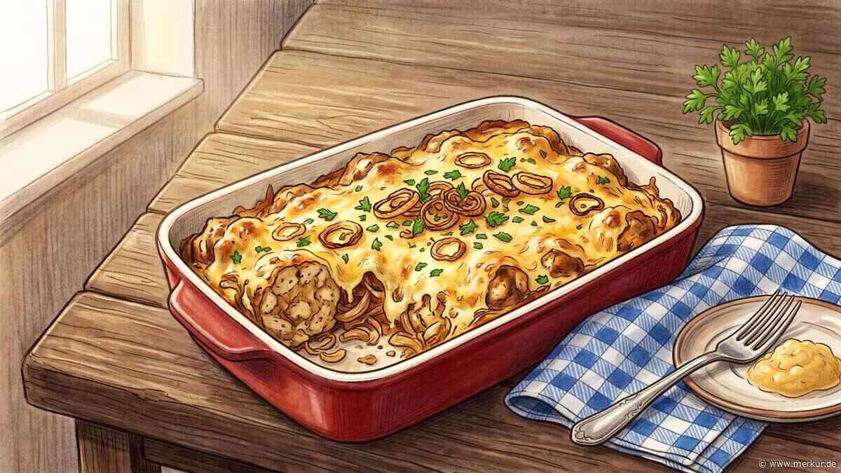Breznknödel-Auflauf mit Käse und Zwiebeln bringt bayerisches Soulfood auf den Tisch
