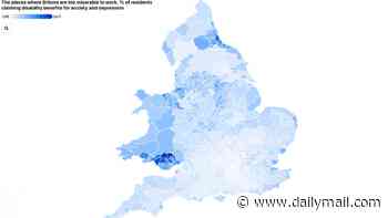 Map reveals areas of the UK where shocking numbers are on benefits for depression - as mental health claims rocket 100 per cent in five years