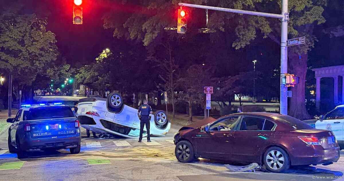 Car flips upside down in downtown Raleigh crash