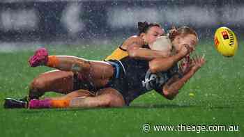 AFLW round eight: Blues prevail in torrential rain, Hawks’ banner destroyed