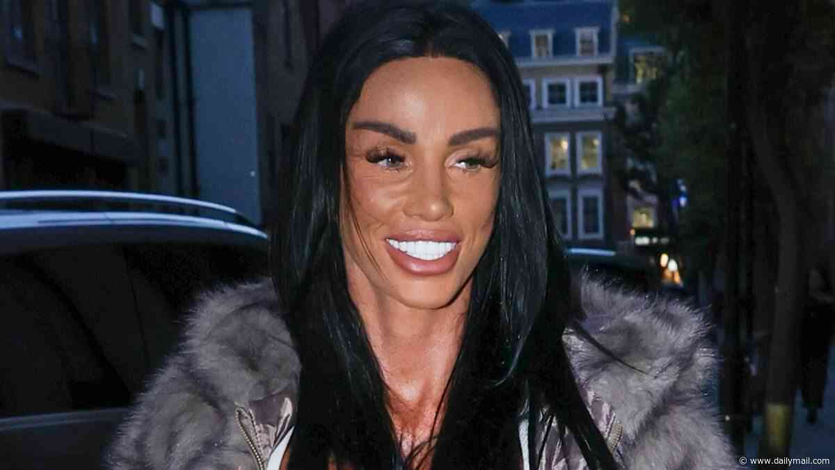 Katie Price steals a giant poster of herself from her reality show screening before heading to Thorpe Park with daughter Princess in suspenders top