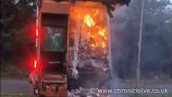 Moment bin lorry bursts into flames in County Durham with warning issued to residents