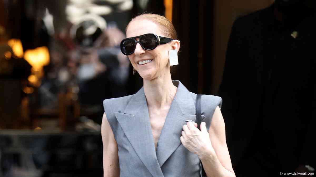 Celine Dion continues her fashion parade in a chic grey look as she waves to fans while leaving her hotel in Paris