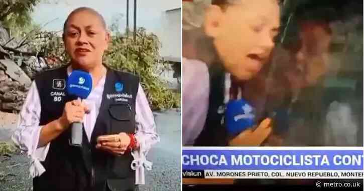 Terrifying moment out-of-control car swerves into TV presenter and cameraman