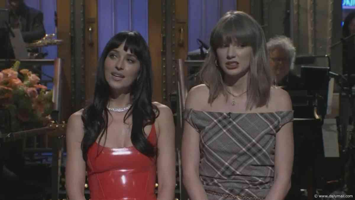 Taylor Swift makes surprise SNL appearance as she crashes Dakota Johnson's monologue and jokes about being her 'breakup therapist'... before Travis Kelce shoutout