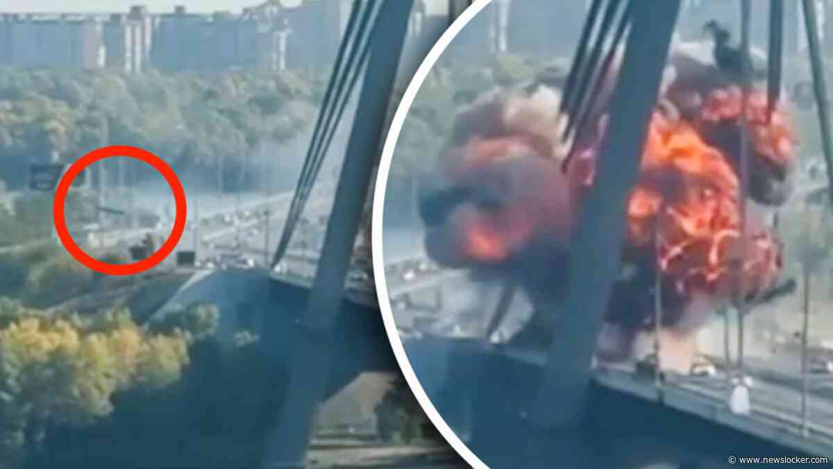 Beelden: Russische drone valt brug in Kiev aan