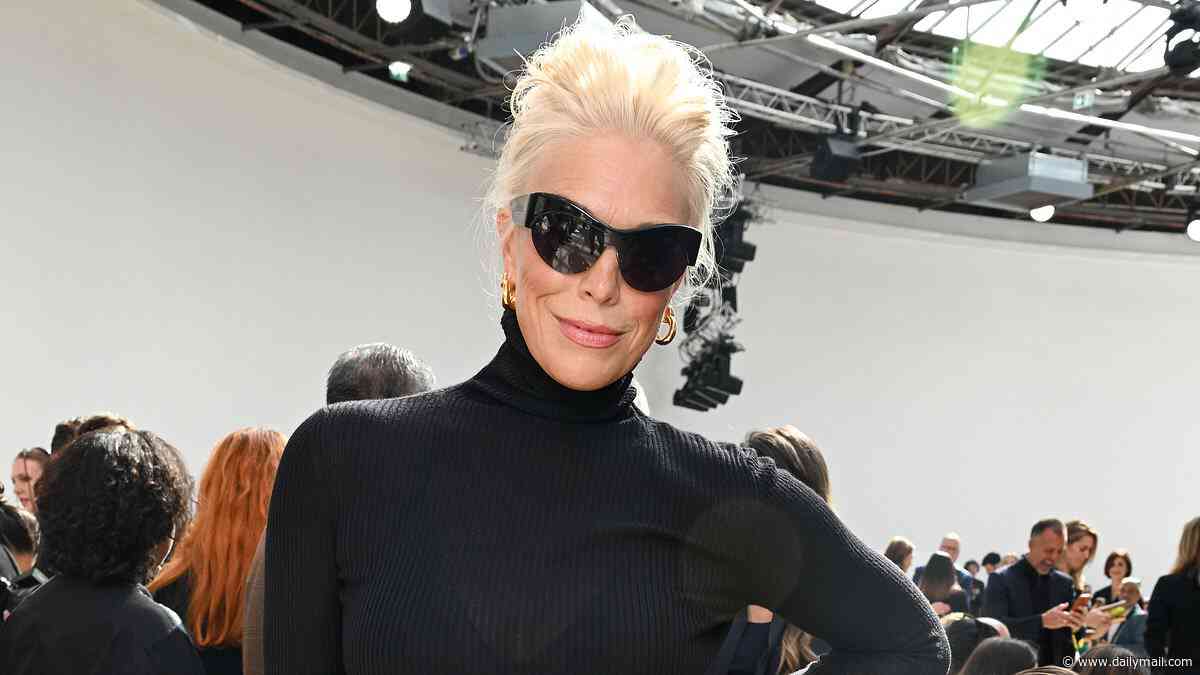 Hannah Waddingham oozes high fashion in statement shades and a feathered skirt as she arrives at the  Akris Paris Fashion Week Show