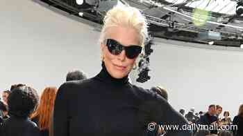 Hannah Waddingham oozes high fashion in statement shades and a feathered skirt as she arrives at the  Akris Paris Fashion Week Show
