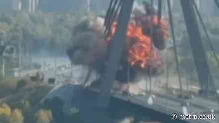 Moment missile strikes bridge with Russia ‘trying to slice Kyiv in two’